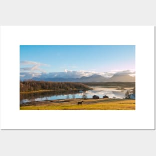 Beautiful norwegian scenery. Mountains in background. Horses are on the farm near river Posters and Art